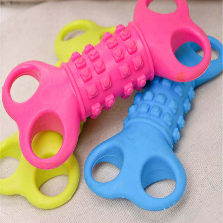 Colorful silicone bone-shaped chewing toy for dogs, featuring a unique four-hole design and made from bite-resistant, non-toxic TPR material.