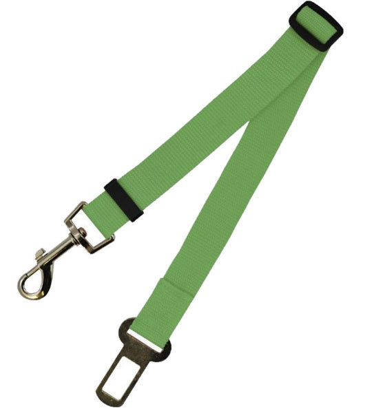 Fixed strap polyester dog leash in green, durable and adjustable for car safety.