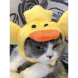 Curly hair pet hat in plush with cartoon duck design on a cat.