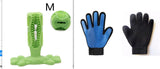 Green M size dog molar toy with soft rubber bumps and pet grooming gloves.