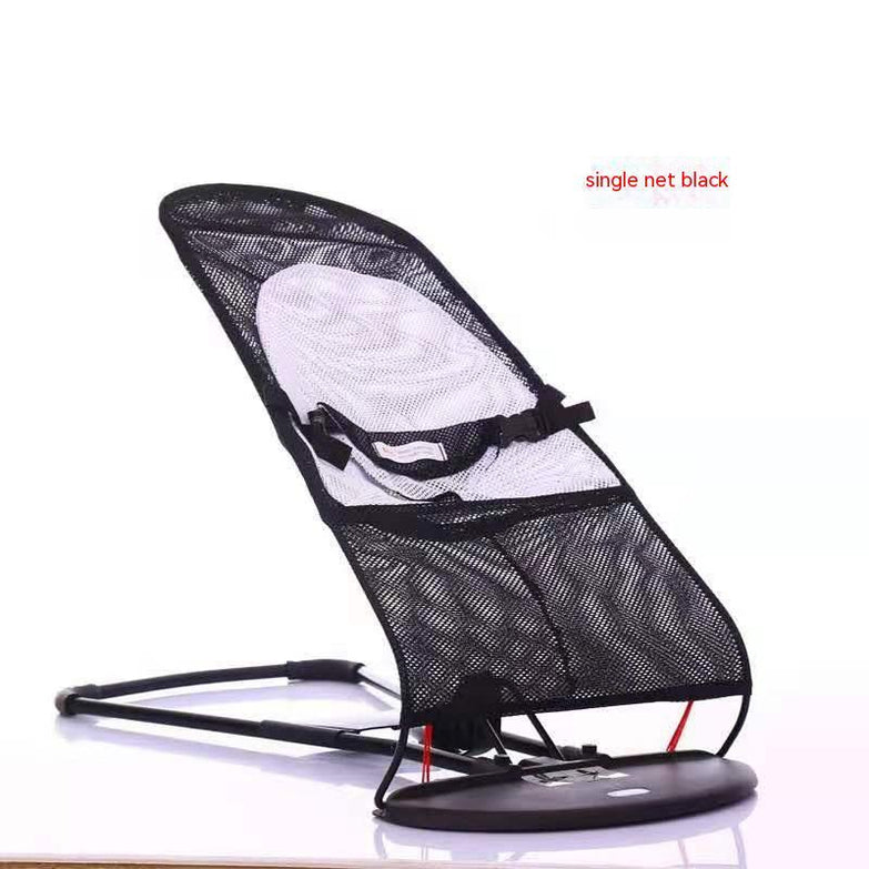 Portable dog rocking chair made of cloth material with black mesh design.