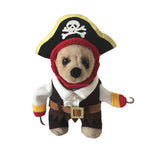 Pirate-themed Halloween dog costume with hat and hook accessory.