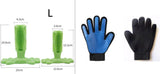 Large dog molar toy and grooming gloves in green and blue, designed for dental health and pet care.