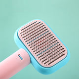 Pet cat dog hair brush in blue and pink, stainless steel bristles for grooming.