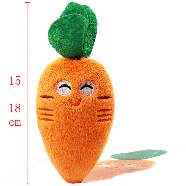 Plush carrot-shaped pet dog toy with a squeaking sounder, designed for dogs and cats.