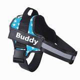 Reflective personalized dog harness with custom patch, adjustable fit, and sturdy handle for outdoor safety.