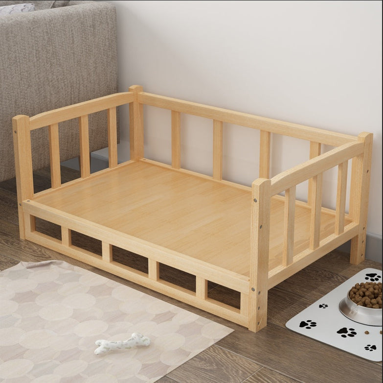 Wooden nightstand integrated DIY pet bed with railings, placed beside a food mat.