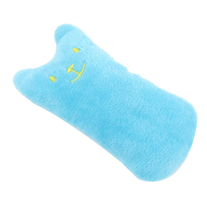 Blue plush catnip cat toy pillow for interactive play.