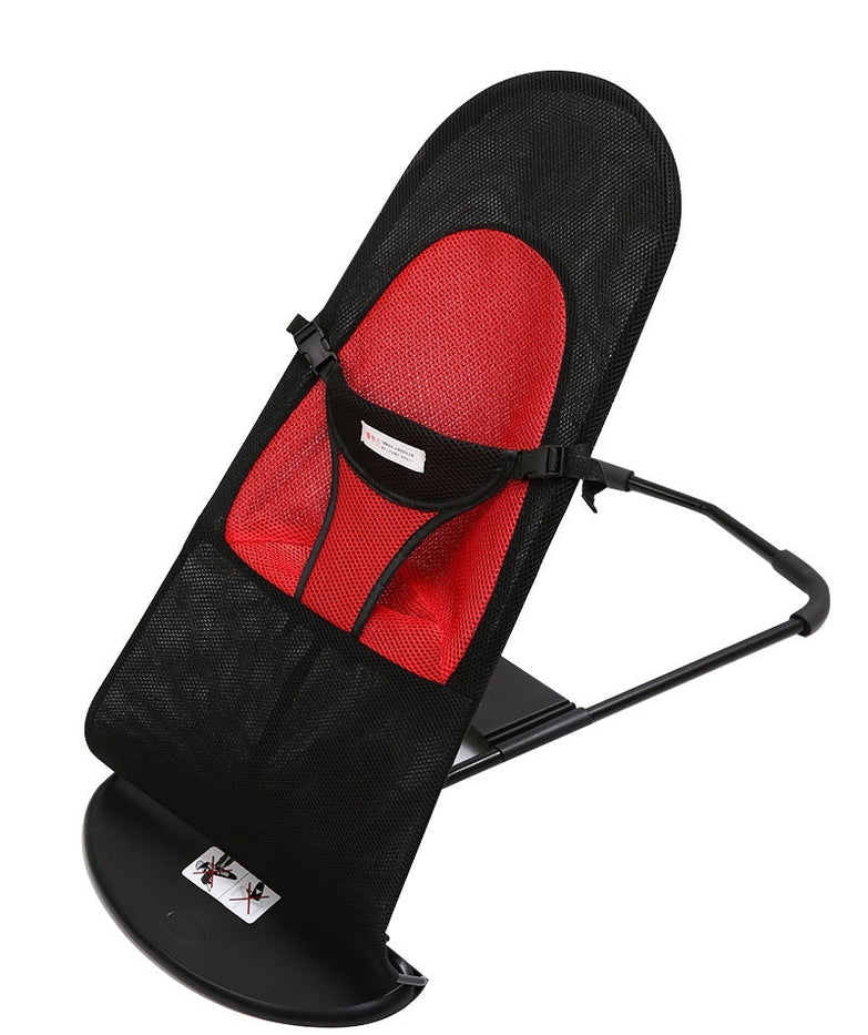 Portable dog rocking chair made of cloth with a sleek black and red design.