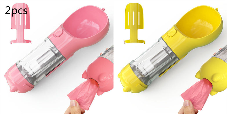 Portable pet water bottle with feeder, garbage bag storage, and bowl in pink and yellow colors for outdoor travel use.