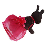 Dog wearing Pet Princess Wedding dress in vibrant red tulle and black cotton.