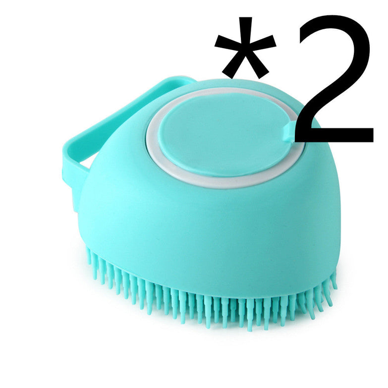 Silicone dog bath massage glove brush with shampoo dispenser, blue.