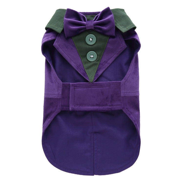 Pet supplies clothing dog tuxedo dress in purple and green.