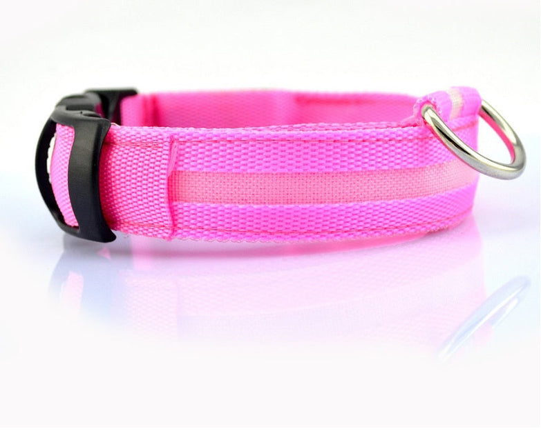 Nylon LED pet dog collar in pink, glowing for night safety.