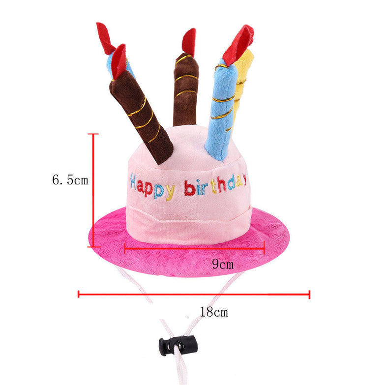 Christmas funny hat for pets, pink birthday cake design with colorful candles, ideal for cosplay and festive events.