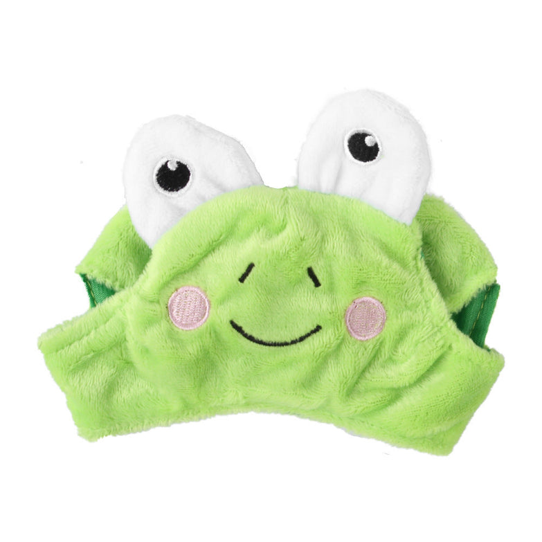 Green plush cartoon pet hat with embroidered smile and eyes, designed for cats, size 21X16X7cm.