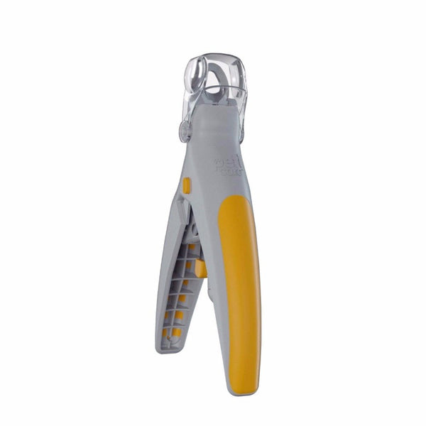 Pet nail trimmer clipper with LED and magnifying glass in yellow and gray.