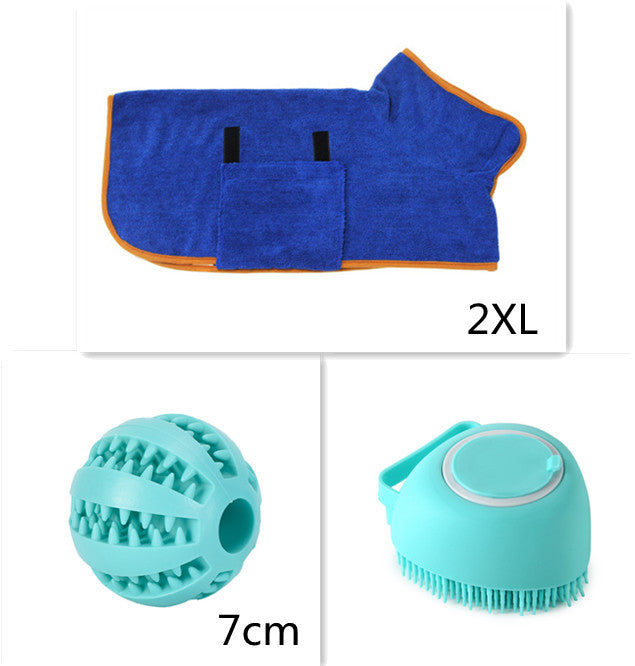 Silicone dog bath massage gloves and ball for pet grooming and cleaning.