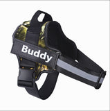 Personalized dog harness, reflective and adjustable for small to large dogs, black and yellow design.