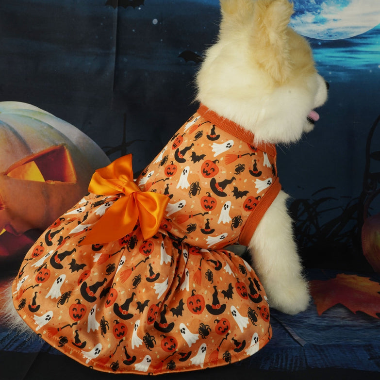 Halloween-themed pet dress with orange pumpkin and ghost pattern, featuring a bow, perfect for small to large pets.