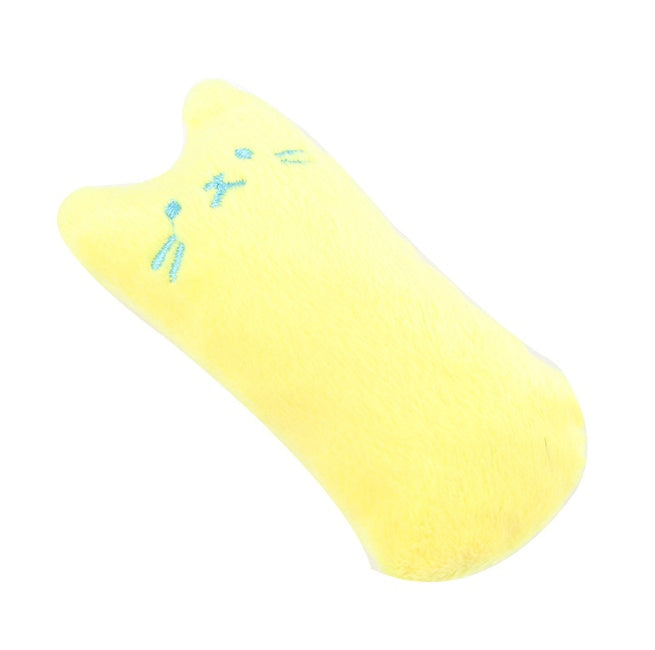 Yellow plush catnip cat toy pillow for teeth grinding and interactive play.