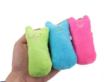 Green, blue, and pink plush catnip toys for cats.