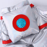 Pet Turned Dog space suit dress with red and blue circular design, polyester material.