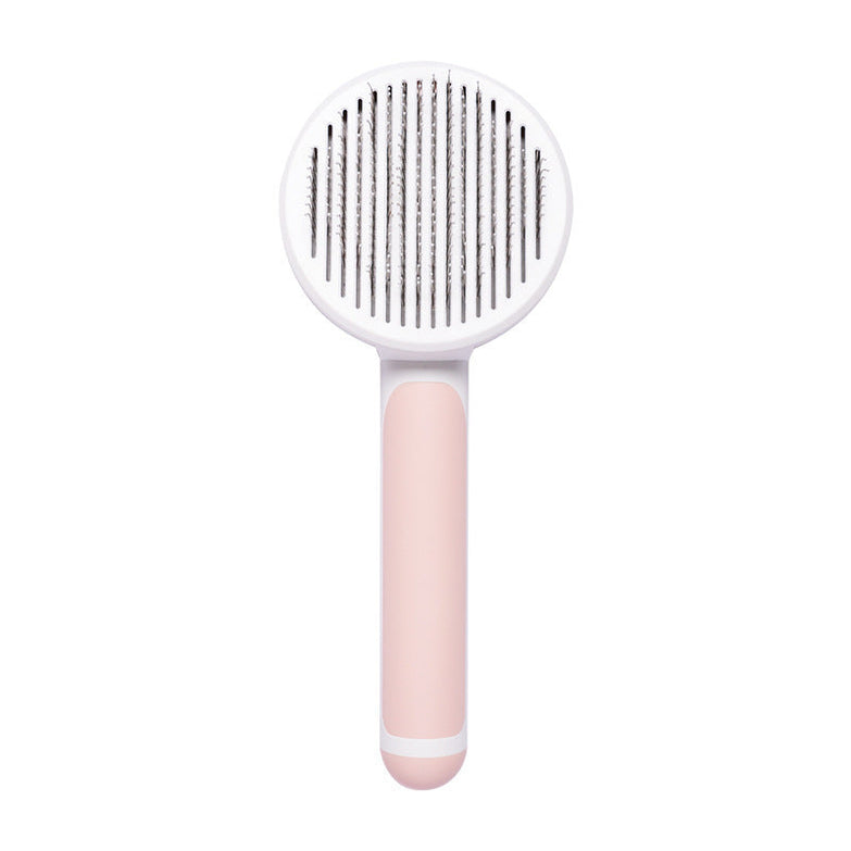 Hand-held cat brush with steel wire bristles for self-cleaning and hair removal.