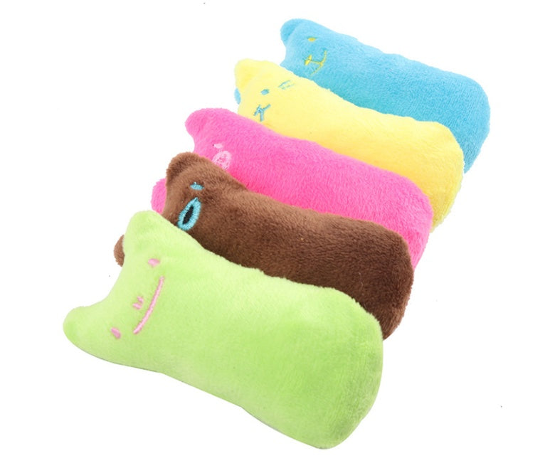 Catnip cat toys in various colors designed for interactive play and teeth grinding.