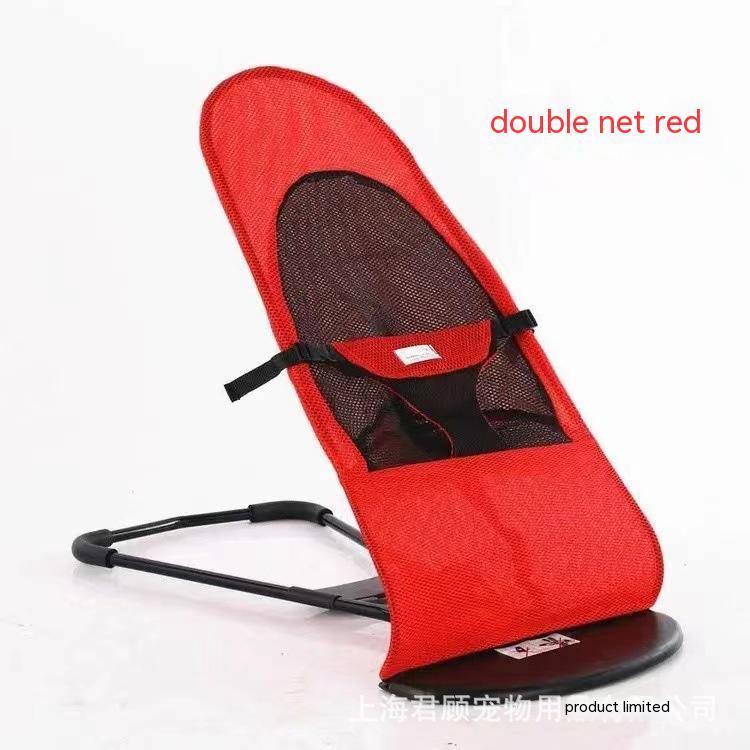 Portable dog rocking chair in red fabric with adjustable straps and metal frame.