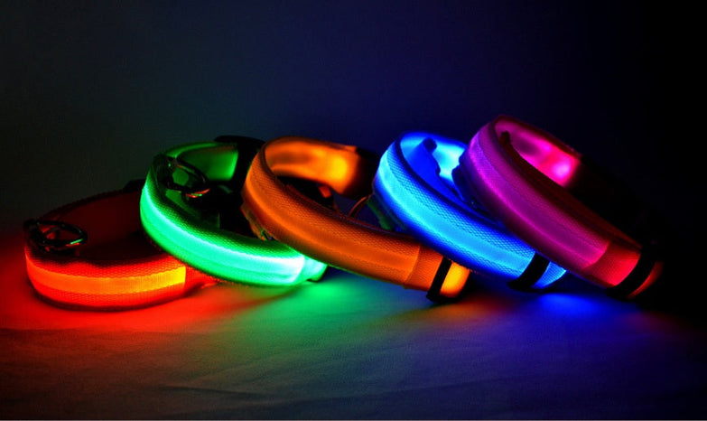 Nylon LED pet dog collars glowing in various colors in the dark.