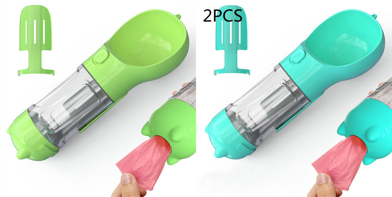 Portable pet water bottle with food box and garbage bag for outdoor travel, green and blue options.