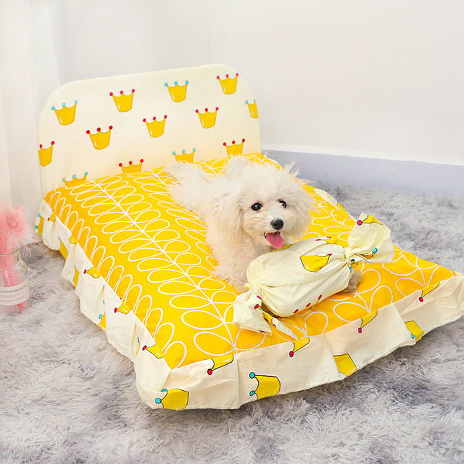 Teddy small dog pet bed with colorful crown pattern.