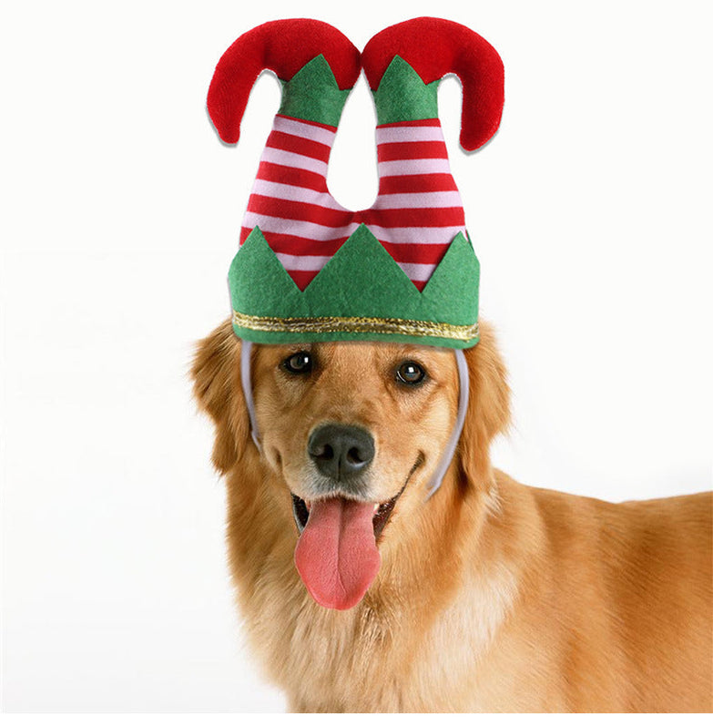 Pet wearing striped clown Christmas hat with jester design, festive dress-up accessory.