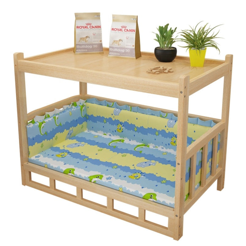 Nightstand integrated DIY pet bed with wooden frame and colorful cushion.