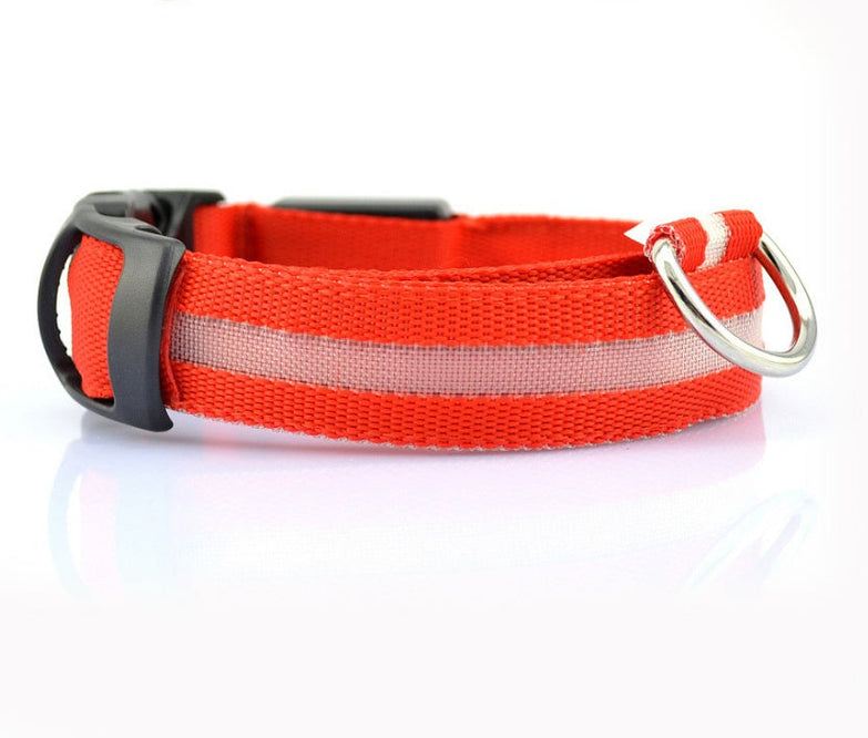 Nylon LED pet dog collar, luminous and adjustable, red color.