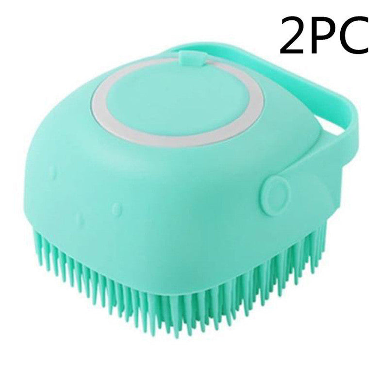 Silicone dog bath massage glove brush in green with silicone bristles for pet grooming.