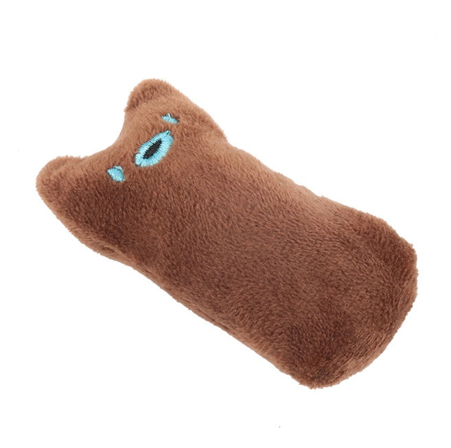 Catnip cat pillow toy in brown plush fabric with cute design.