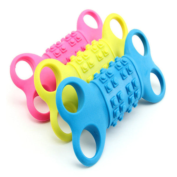 Silicone bone shape chewing toy for dogs in multiple colors.