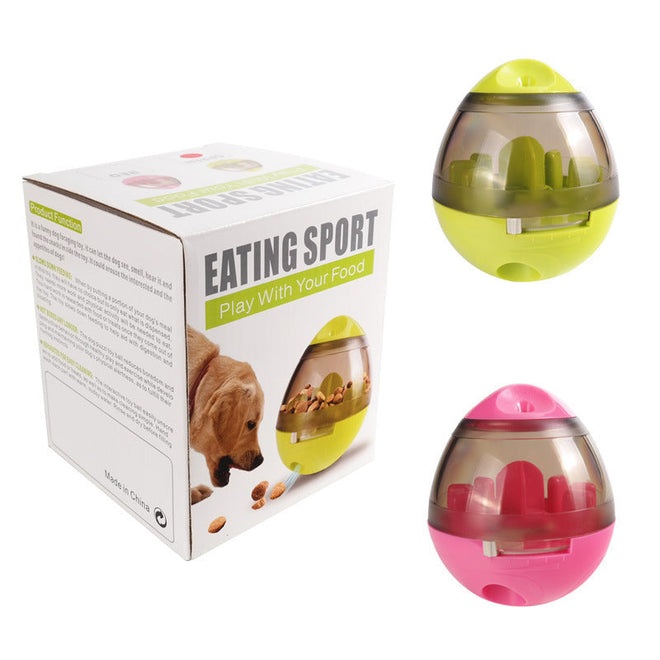 Pet food feeder dispenser toy for dogs and cats, enhances digestion and mental stimulation.