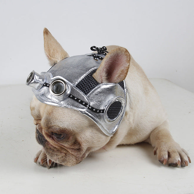 Pet dog wearing silver pilot hat for party.