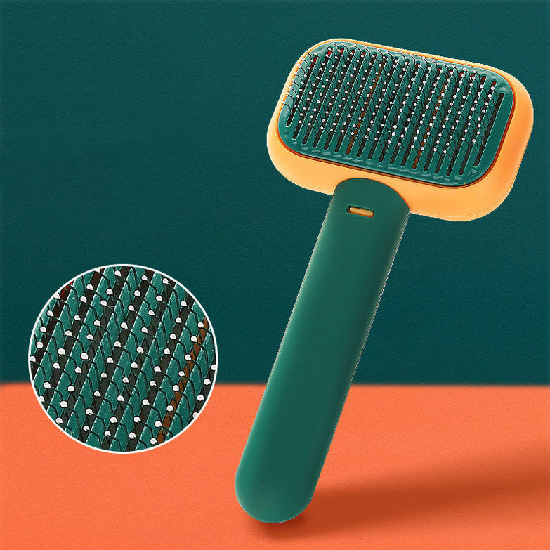 Pet cat dog hair brush with massage comb, open-knot grooming tool in orange green, stainless steel bristles for cleaning and blood circulation.