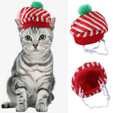 Curly Hair Pet Hat for Cats in Plush Material with Red Stripes and Green Pom-pom