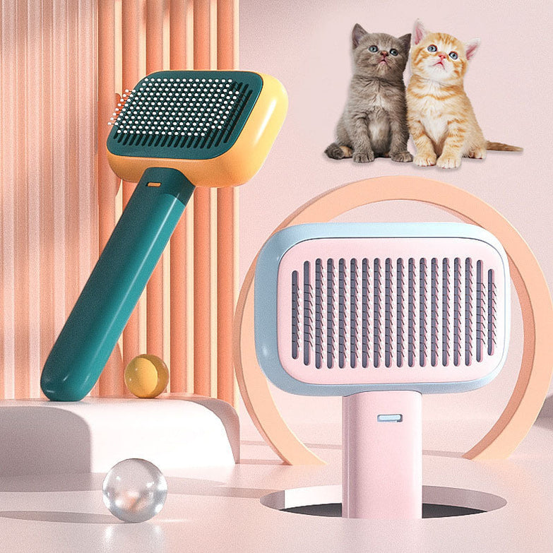 Pet cat dog hair brush with ergonomic design, available in smoke grey, blue pink, and orange green, ideal for grooming and massage.