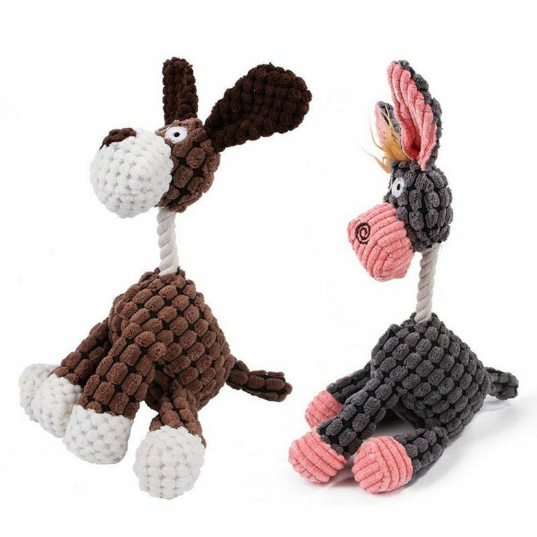 Plush dog toys shaped like animals, designed for play and dental health.