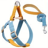 Dog harness and leash set, blue and yellow, no-pull design for small dogs like French Bulldogs, Chihuahuas, and Yorkies.