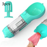 Portable pet water bottle with feeder bowl and garbage bag storage, turquoise color.