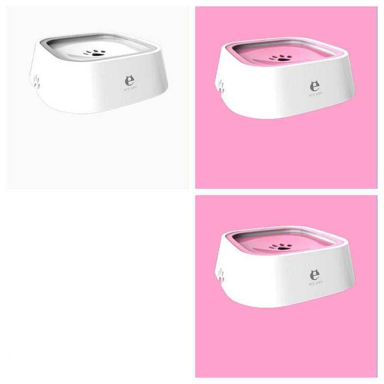 1.5L pet water bowl with anti-overflow and slow water feeder design, shown in white and pink.