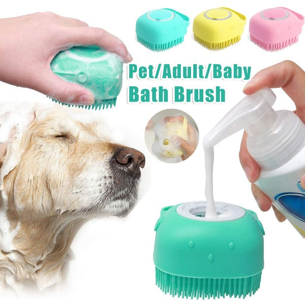 Silicone dog bath massage brush for grooming and shampoo application.