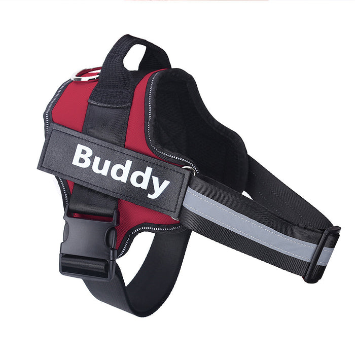 Personalized dog harness with reflective adjustable straps and custom patch in red.